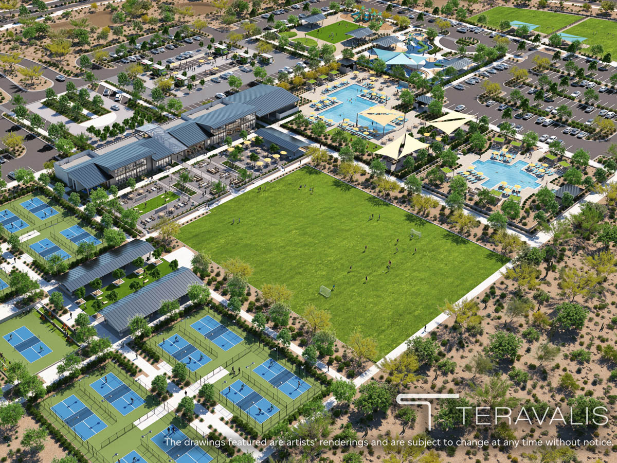 Rendering of 20+ Acre amenity complex at phase 1 Floreo Village at Teravalis with 16 pickle ball courts 1 pickleball stadium, 2 pools, a splash pad, dog park and 22,000 Sq. Ft. amenity building with fitness center, lounges, and event areas in Buckeye AZ New Homes for sale and new construction in buckeye AZ. 