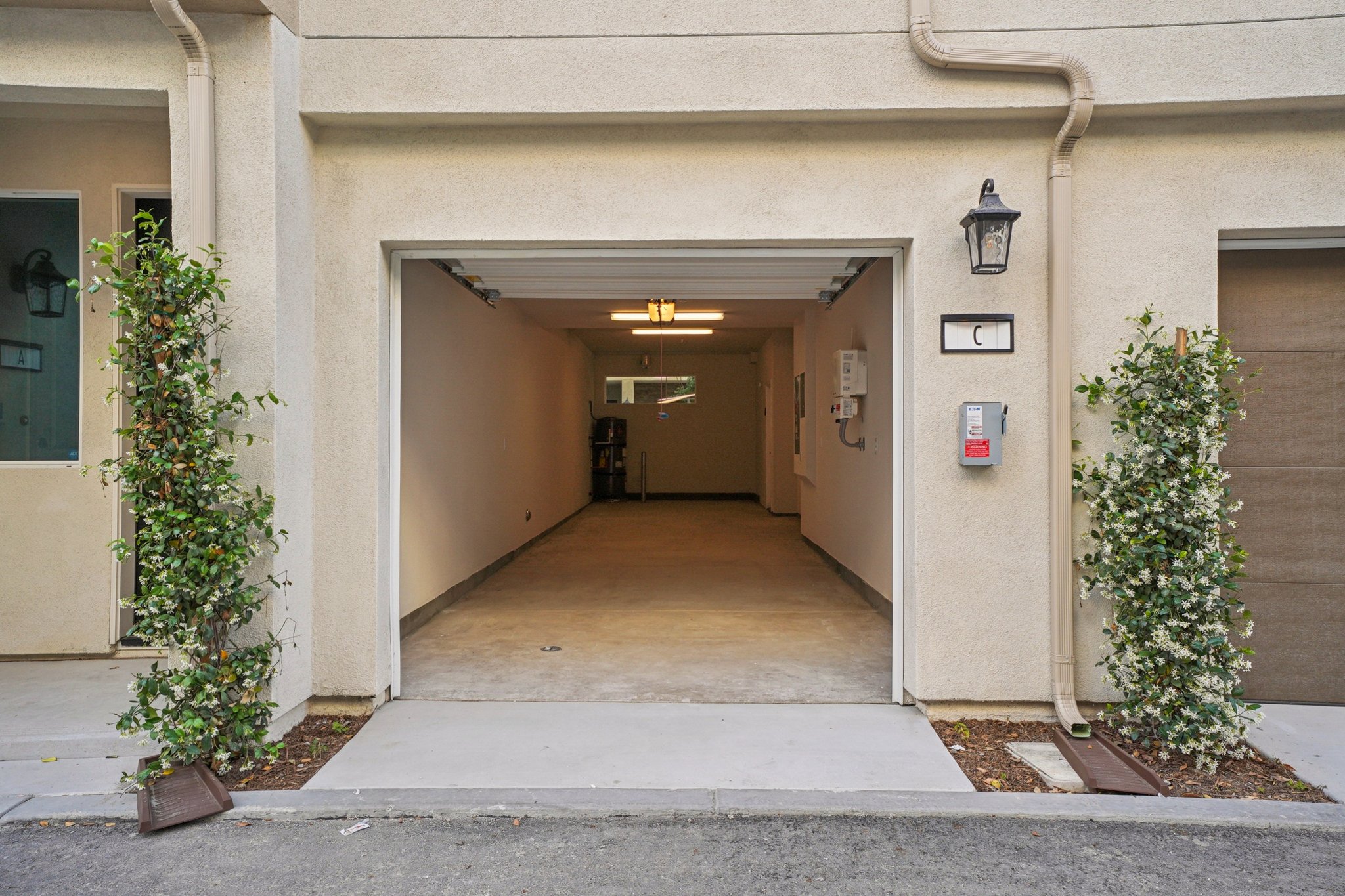 A building with a door and a plant in the front.