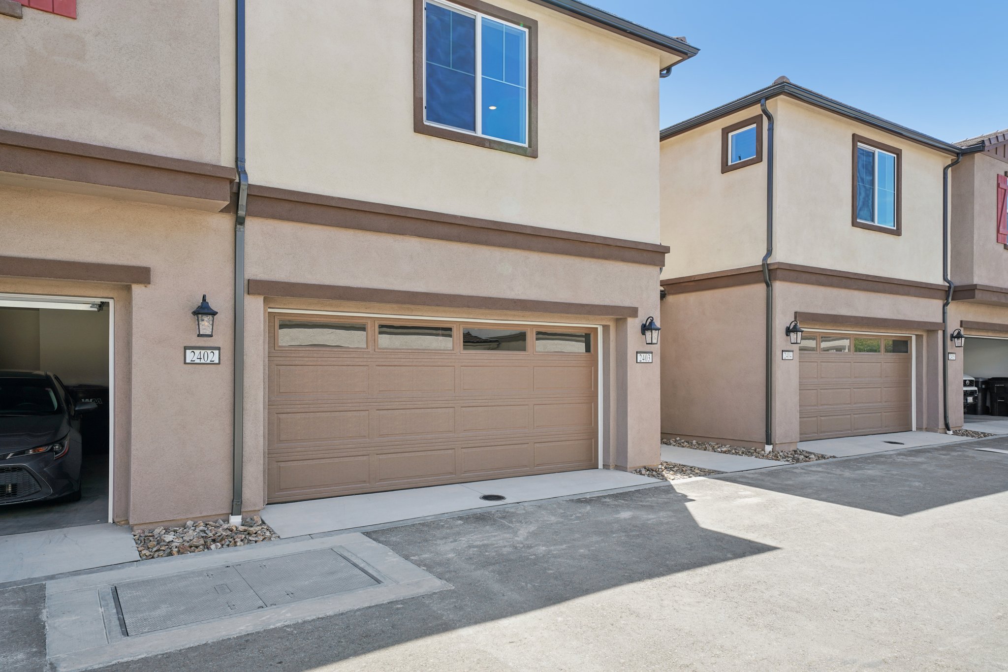 A building with a garage.