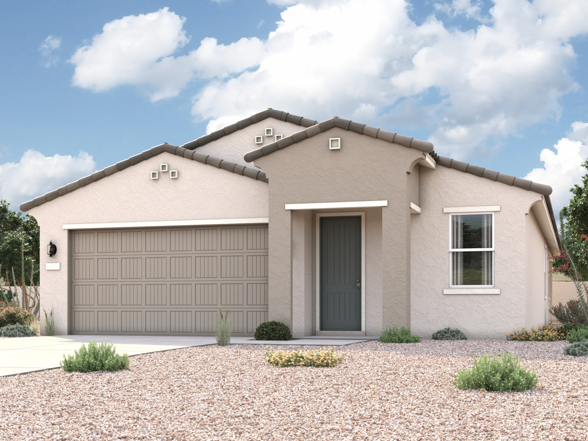 Rendering of front of new home for sale in San Tan, AZ with 2 car garage in the beautiful Skyline Village community with pool.