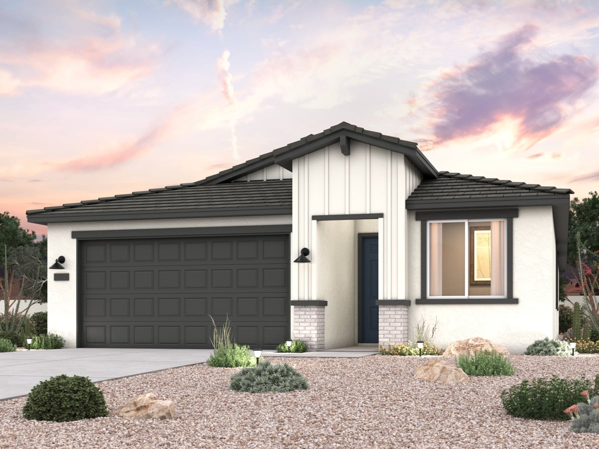 Twilight rendering of front of new home for sale in San Tan, AZ with 2 car garage in the beautiful Skyline Village community with pool.