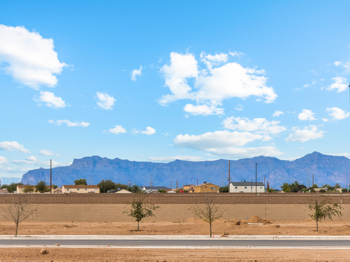 A landscape with a road and trees.