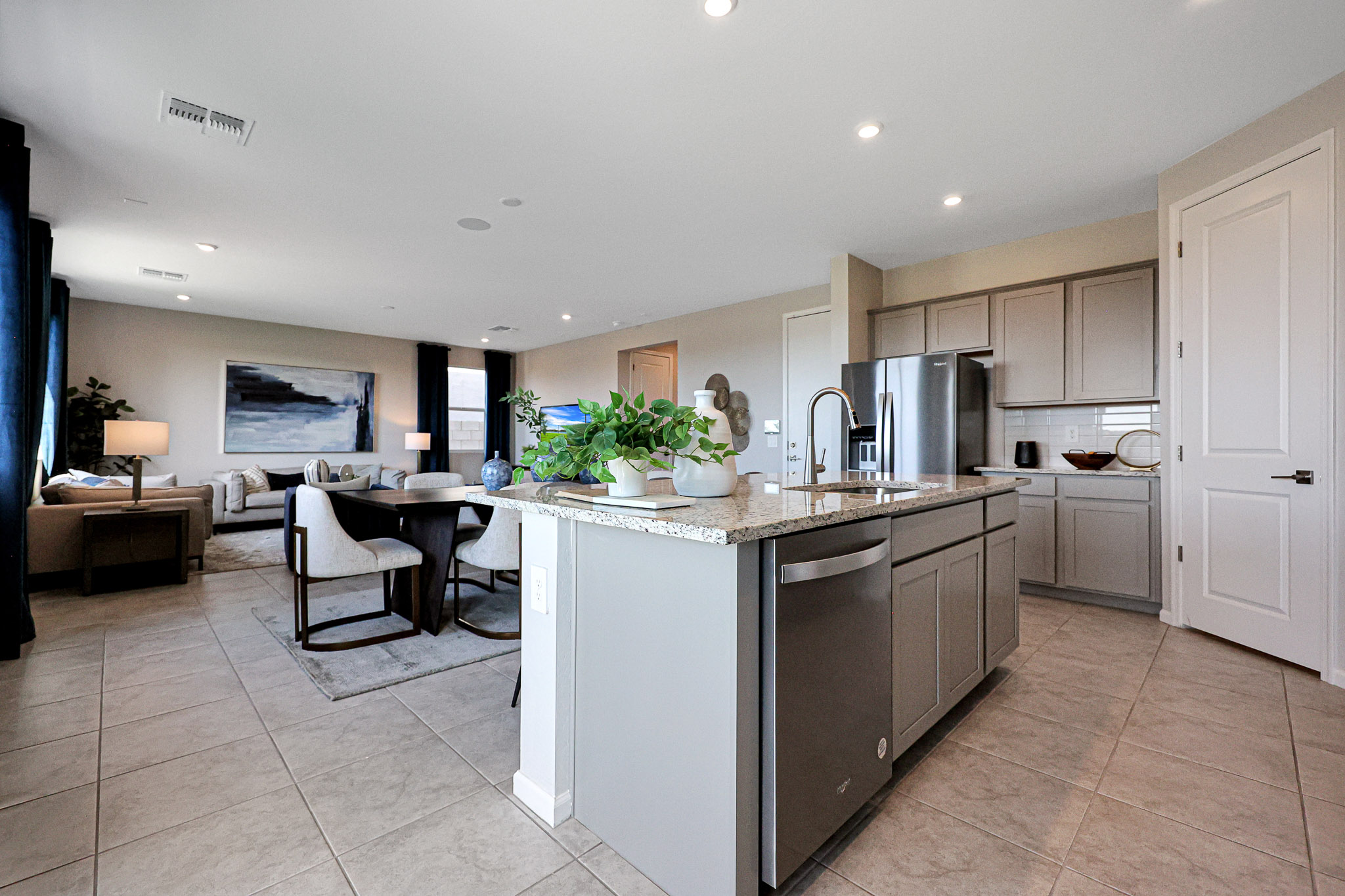 A kitchen with a large island.
