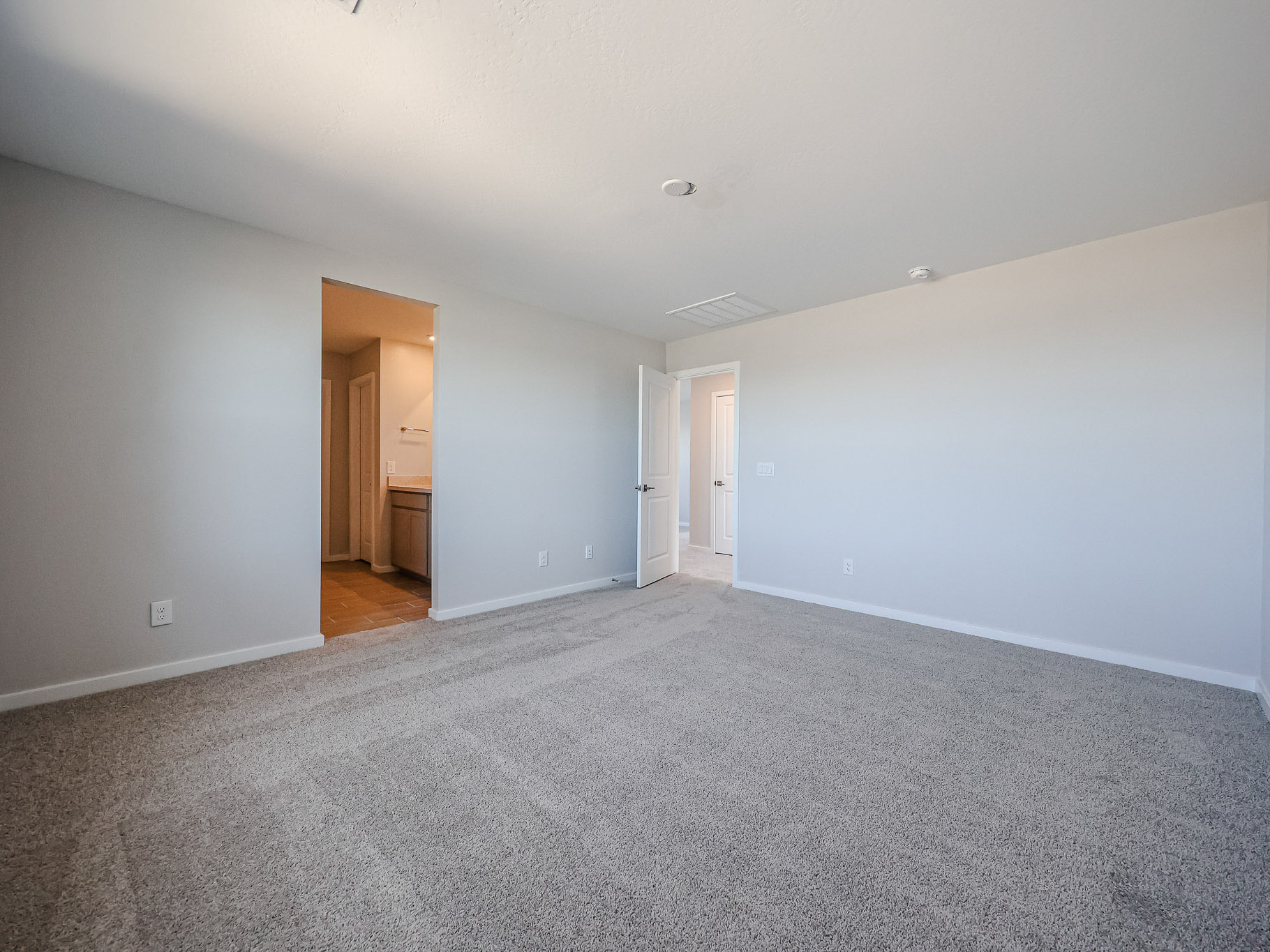A room with carpet and doors.