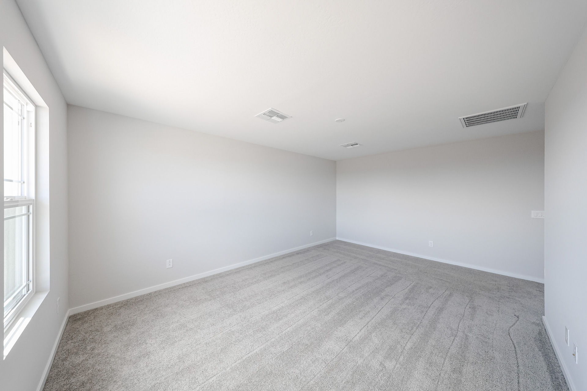 A room with a carpet and windows.