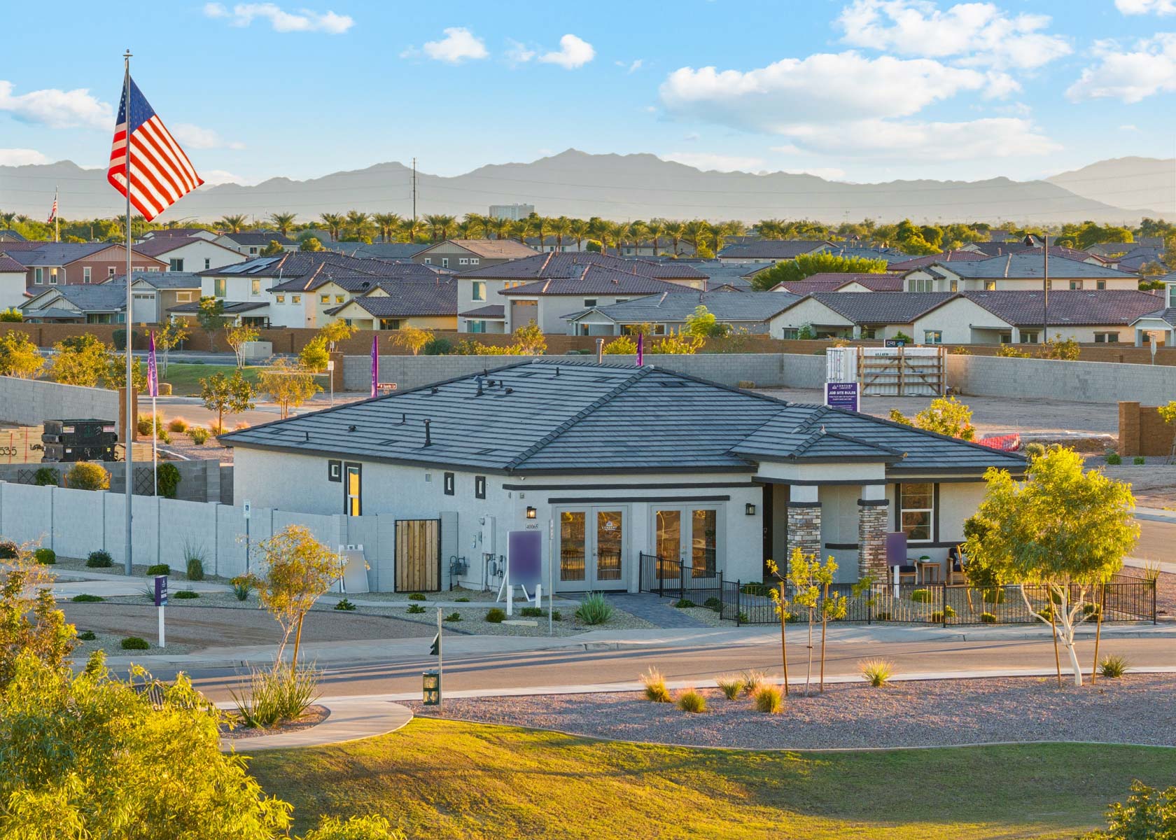 A building with a flag in the front.