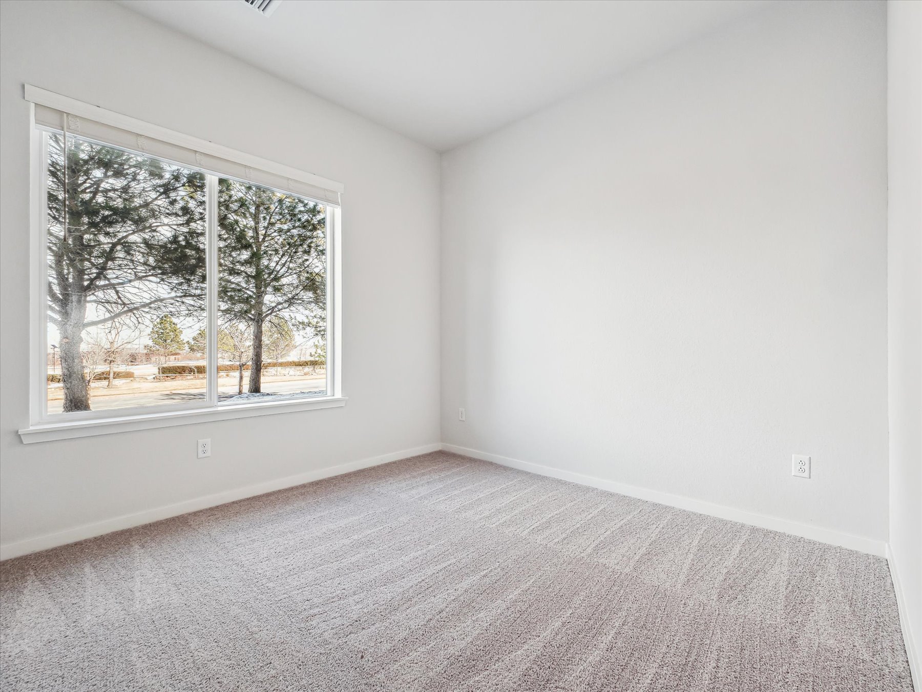 A room with a window and a carpet.