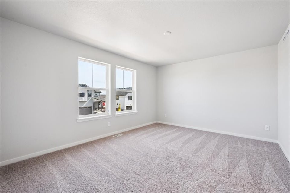 A room with a rug and windows.