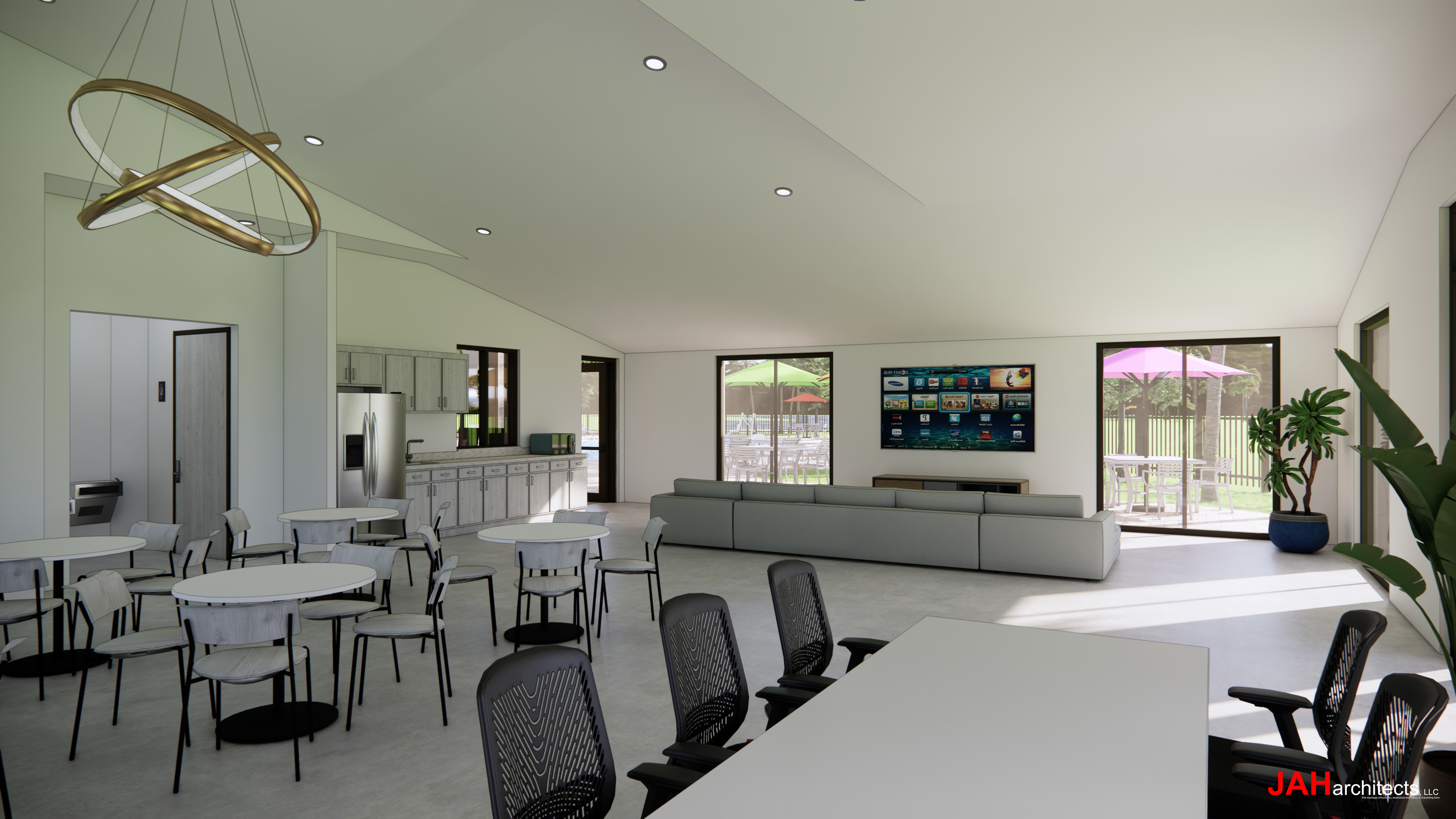 A room with tables and chairs.