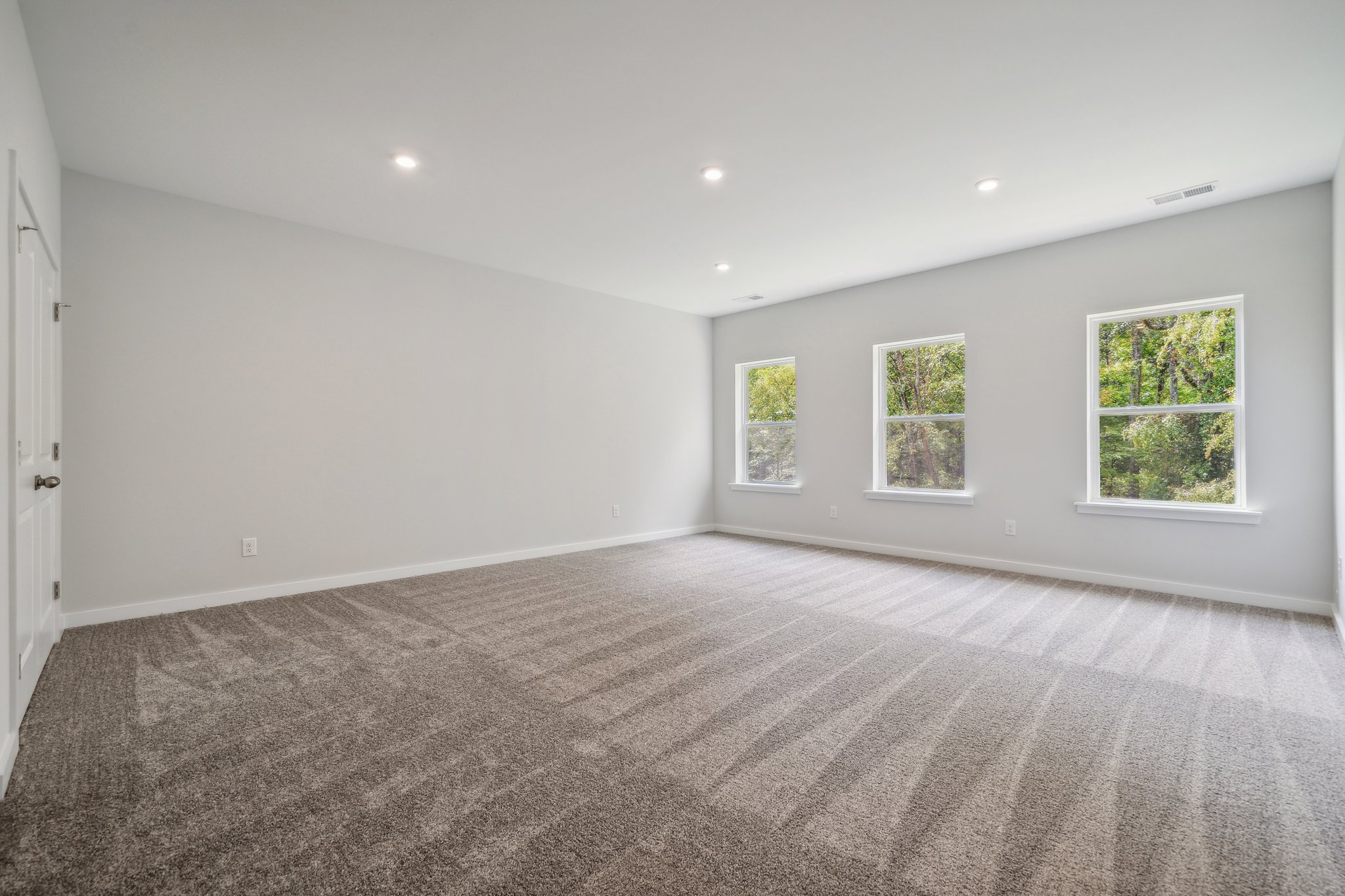 A room with a carpet and windows.