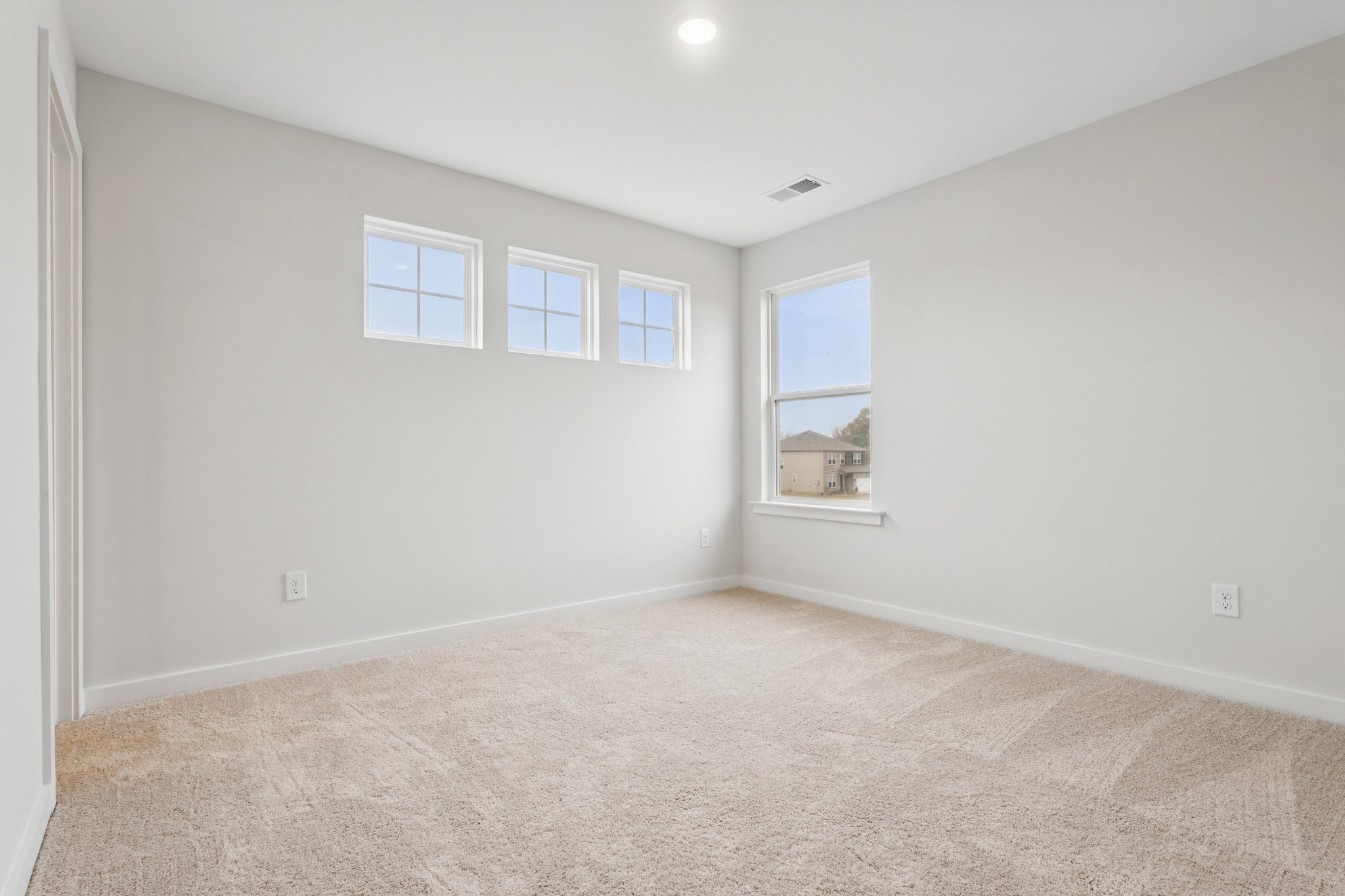 A room with a carpet and windows.