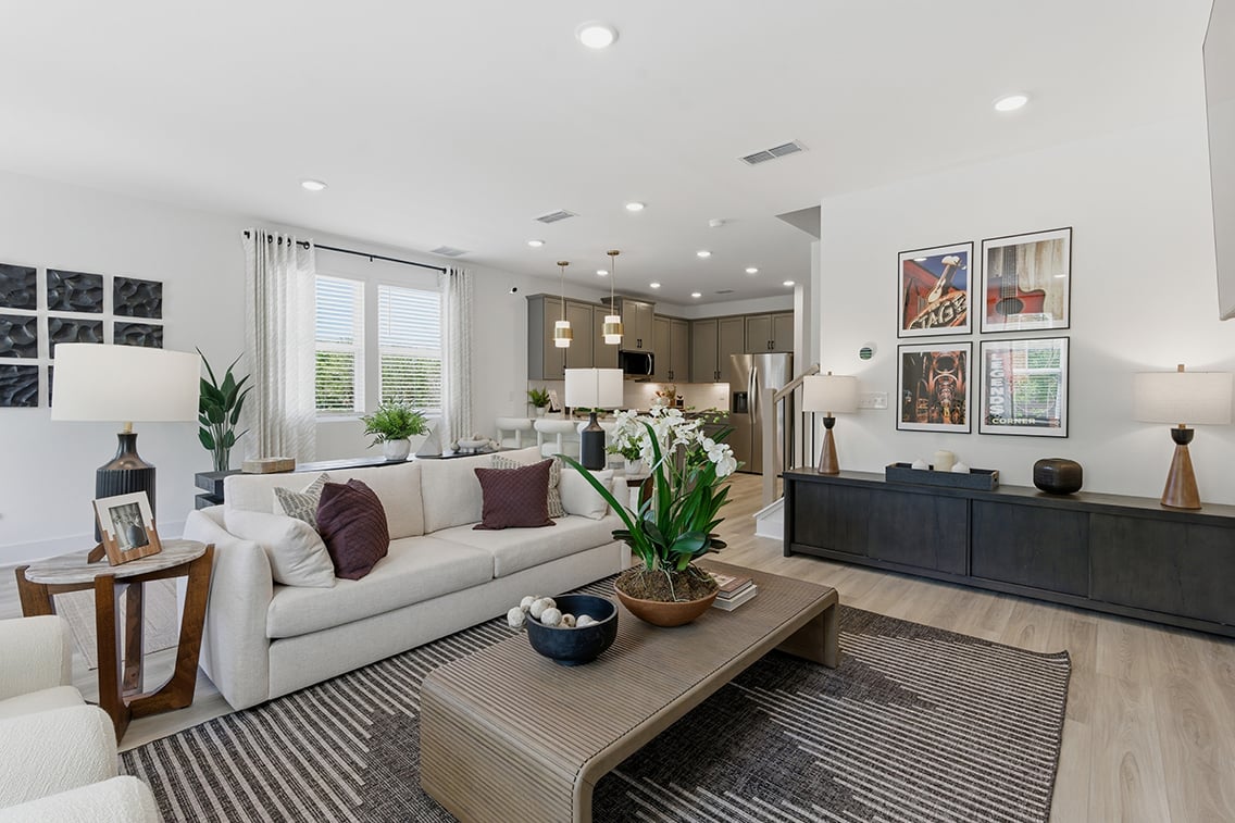 A living room with a large rug.