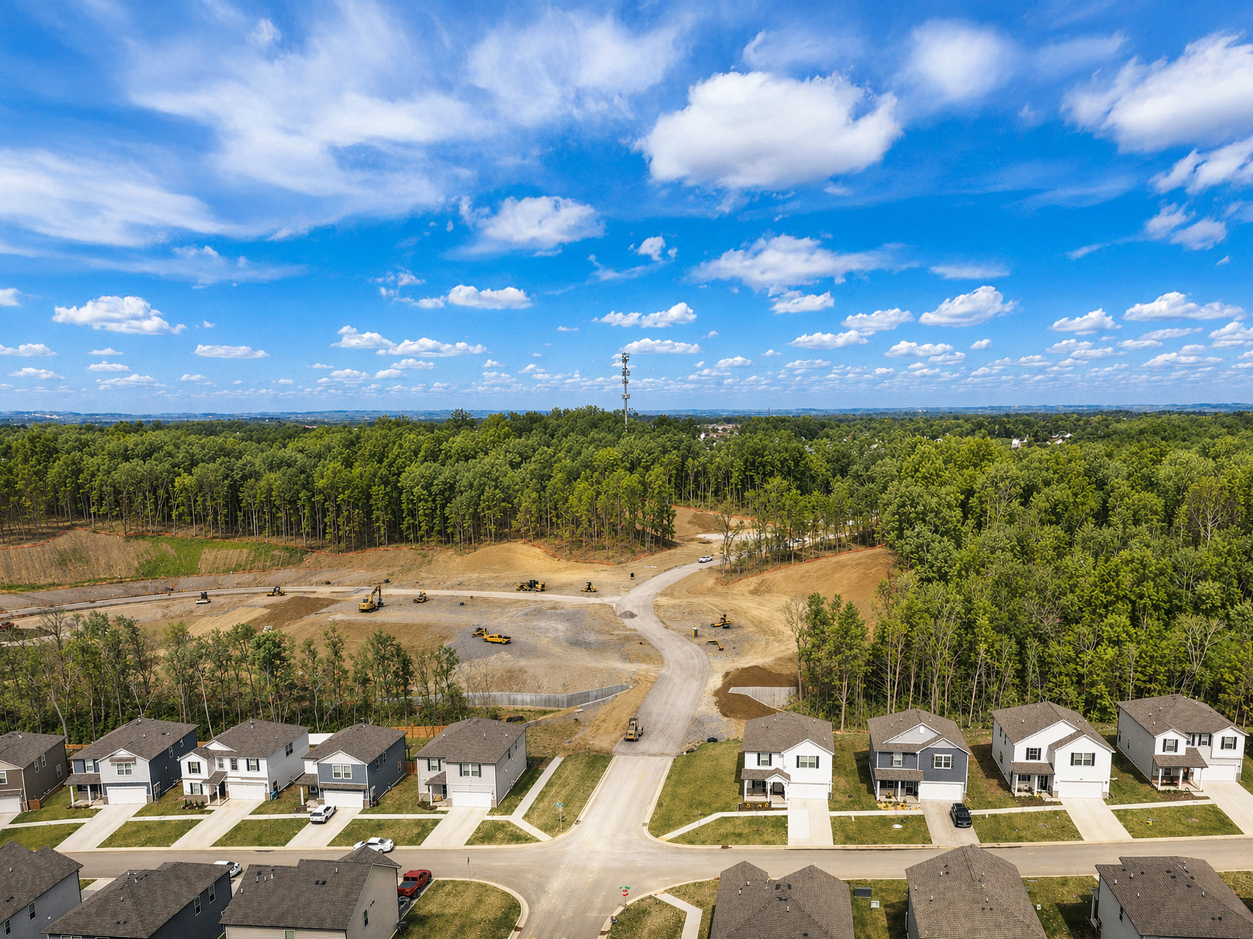 A dirt road surrounded by trees and houses.