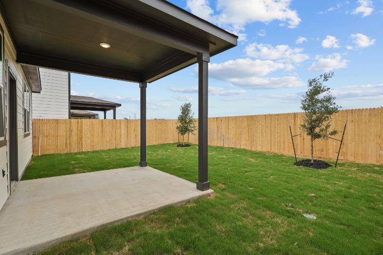 A backyard with a fence and a tree.