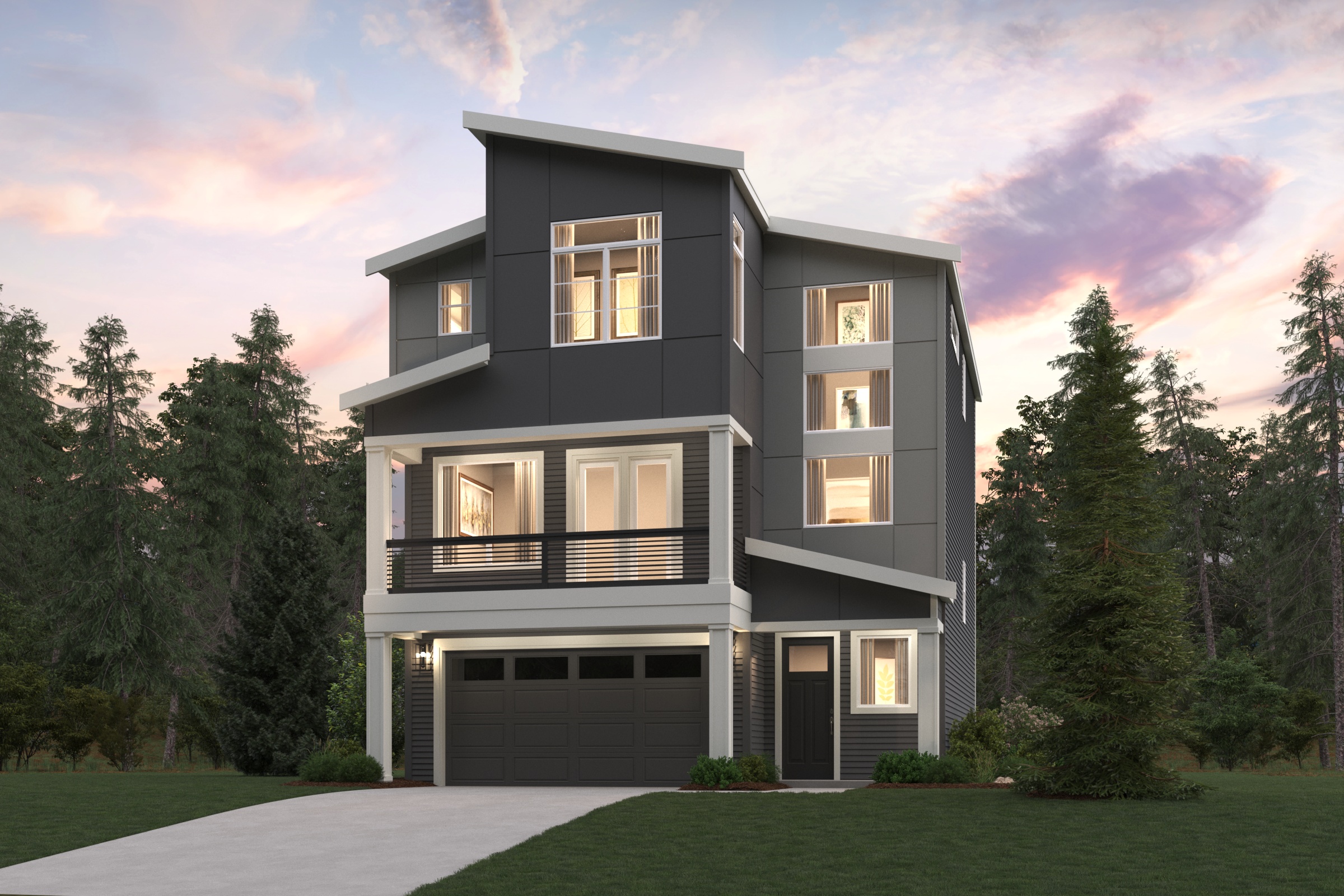 A house with trees around it.