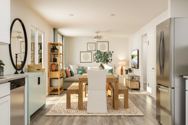 A living room with a couch and a table.