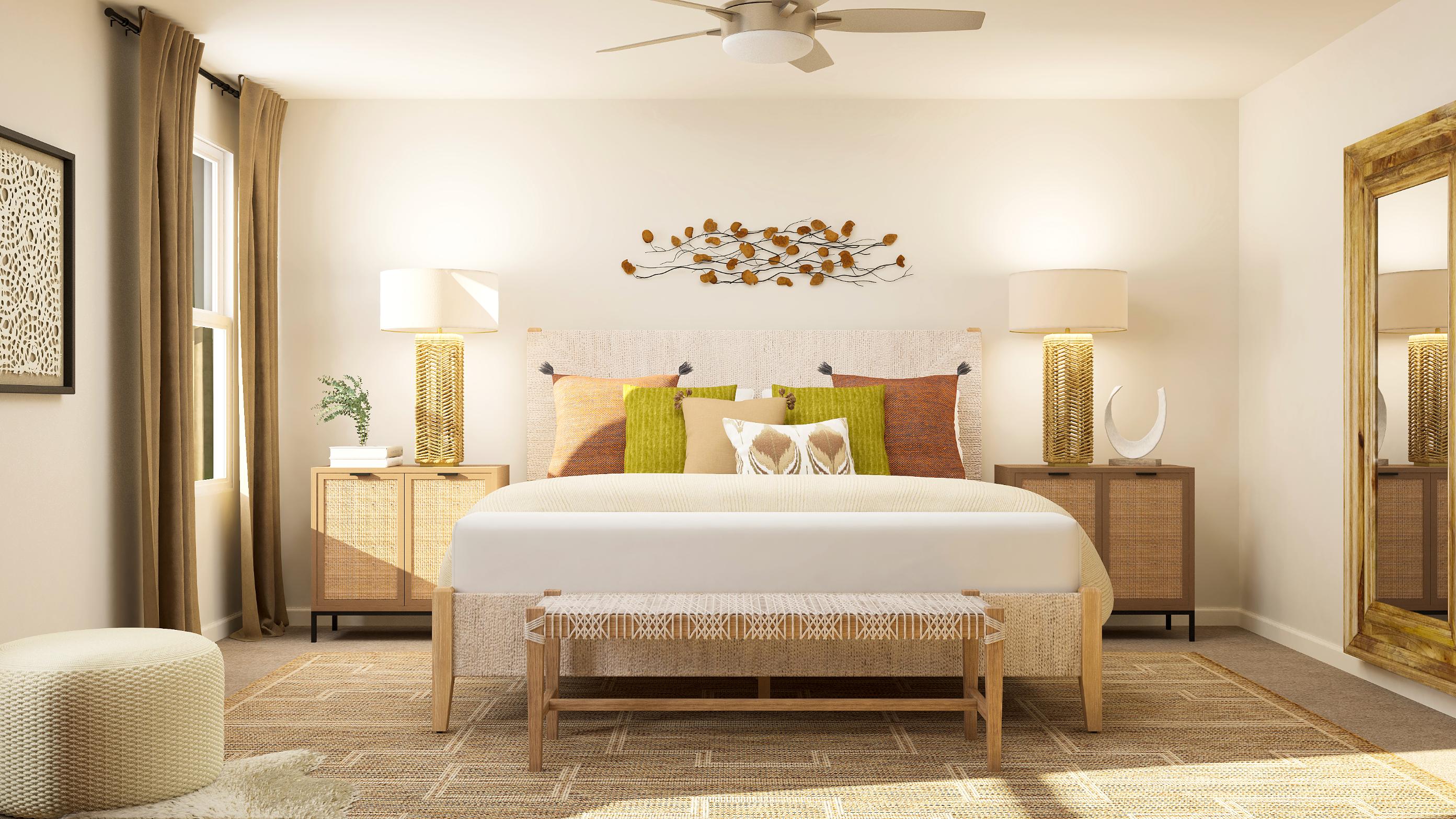 A bedroom with a bed and lamps.