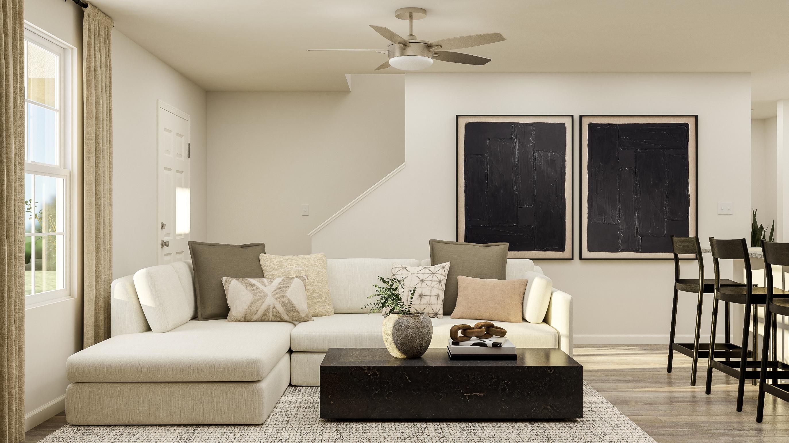 A living room with a couch and a coffee table.